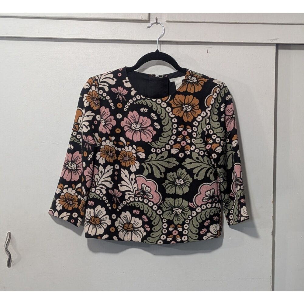 H&M Floral Retro Pattern Pleated Back Top sz. 2 - Picture 7 of 7